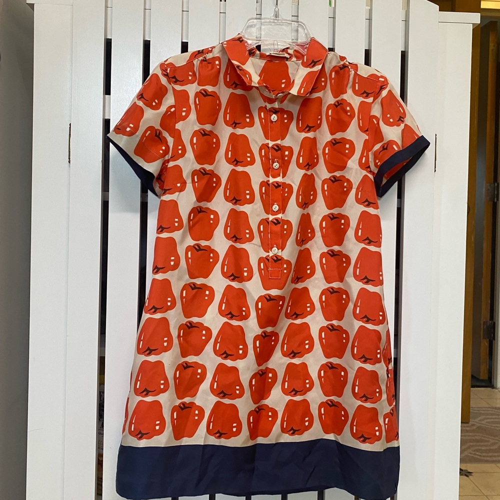 Crewcuts Girls’ Size 14 100% Silk Dress—Apples Design with Navy Blue Lining